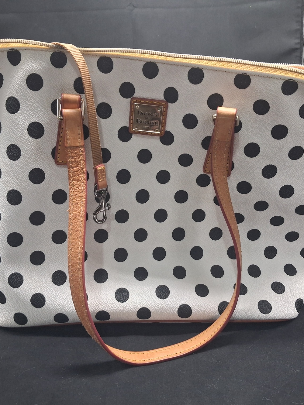 Dooney & Bourke Cream Tote with Black Polka Dots and Tan Leather Trim - Picture 3 of 12
